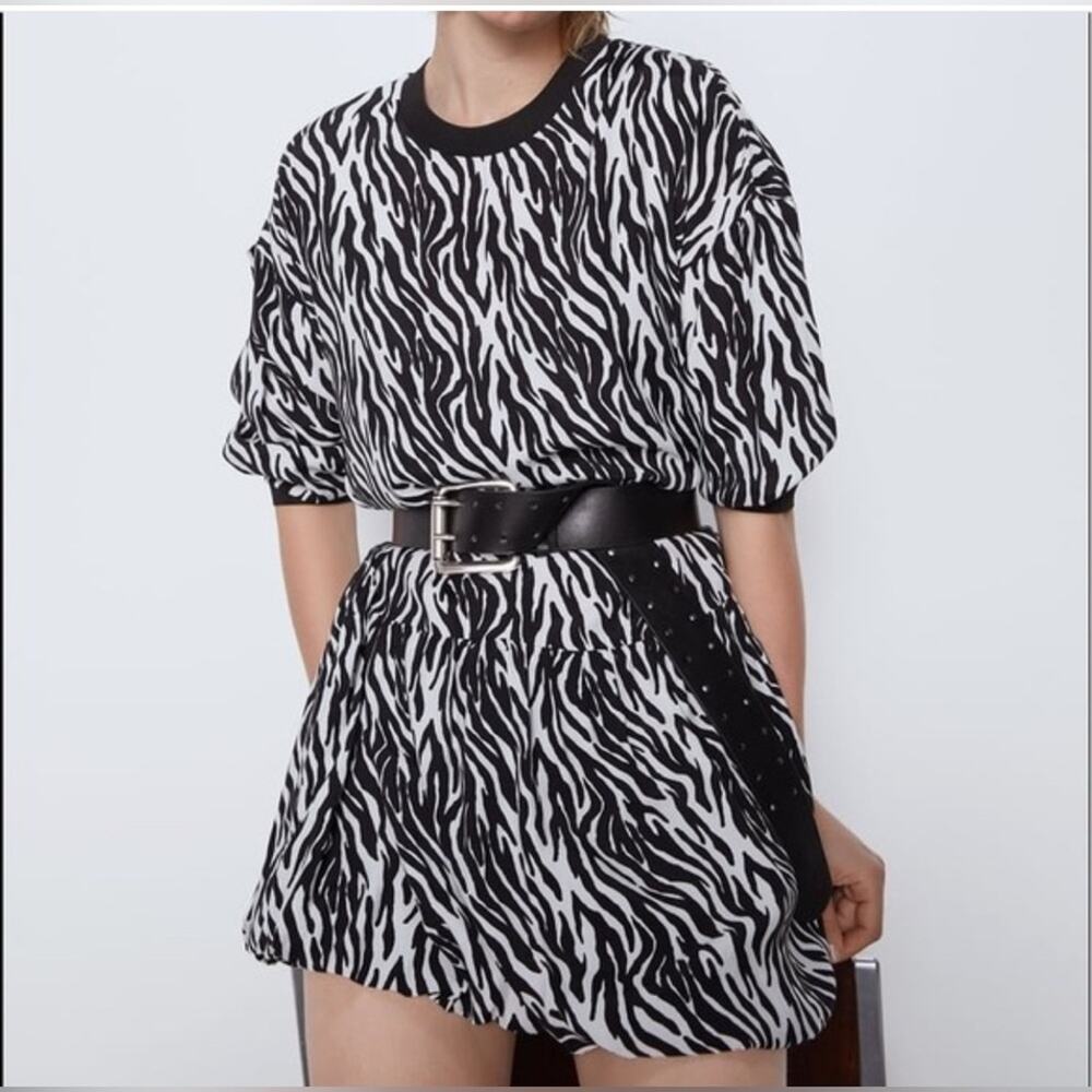 ZARA Zebra Print Drop Waist Ruffle Skirt Mini Dress Short Sleeve Size Small